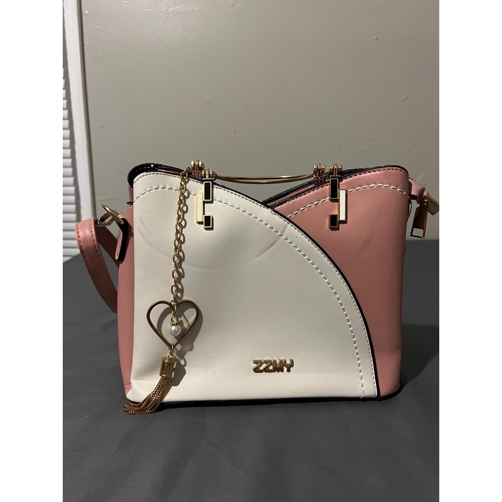 ZZMY Pink and White Two Tone Satchel Crossbody Bag with Gold Ring Handles